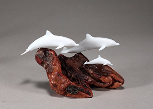 Dolphin Family Sculpture by John Perry Pellucida Burlwood Base Smaller version Figurine Statue 6in Long