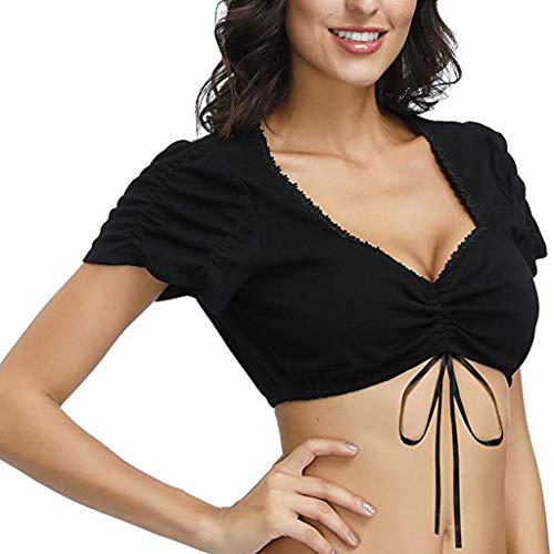 Mayunn Women's Elegant Sexy Short Sleeve Lace T Shirt Dirndl Blouse Crop Tops Sweatshirt Pullover for Oktoberfest (S-3XL) (BlackB, XL)