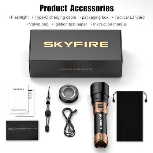 SKYFIRE Tactical LED Torch Ultra Powerful 50000 Lumens - Adjustable Zoom, Ignition Lens, 4 Lighting Modes, Powerbank Function, IPX6 Waterproof for Outdoor, Camping (Black and Gold)