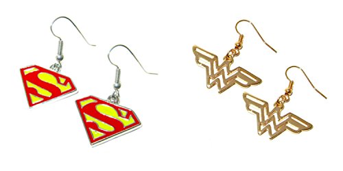 (2-Pack) DC Comics Superman and Wonder Woman Logo Dangle Earrings with Gift Box