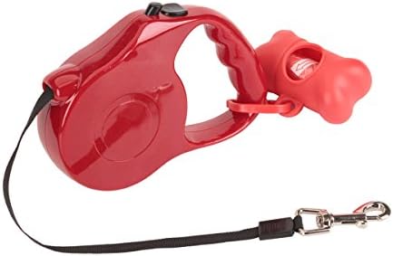 Retractable dog leash, 15 feet adjustable leash for dogs up to 33lbs, bone shaped dog leaves dispenser with bags included, safe break&lock system,pet training (Red)