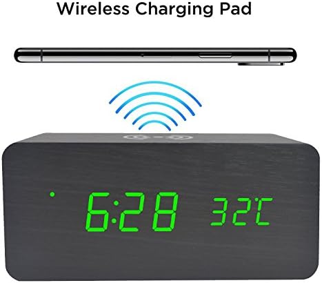 Clocks,Mobile Phone Wireless Charging Wooden LED Electronic Multi-function Home Desktop Digital Travel Alarm Clock for Living Room