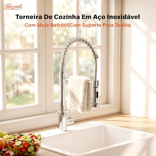 Heemli Torneira Cozinha Gourmet Monocomando Aço Inox Com Spray Extensor,Torneiras Misturadoras de água Quente e Fria,Dois Modos de Distribuição de água（Jatos de água e chuveiros） (Prata)
