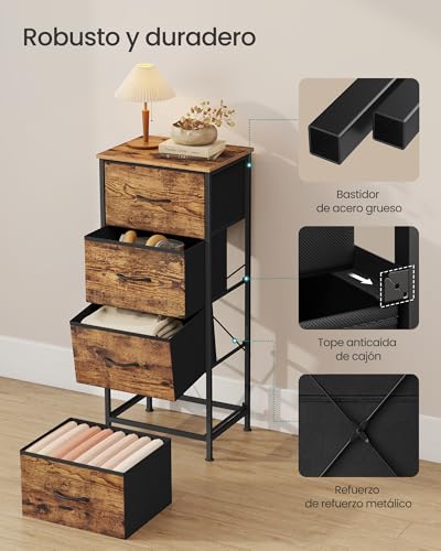 SONGMICS Cómoda, 4 Cajones de Tela, Acero, MDF, Tela no Tejida, para Dormitorio, Armario, Pasillo, Salón, Marrón Rústico y Negro Tinta MLGS314BH04