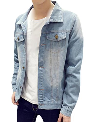 Oberora Men's Classical Denim Jacket Rugged Wear Slim Cowboy Coat Light Blue M