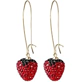 Strawberry Earrings For Women, 14k Gold Plated Long Red CZ Funny Drop Dangle Huggie Cute Hoop Fruit Charm Gift Jewelry (Long Dangle Red)