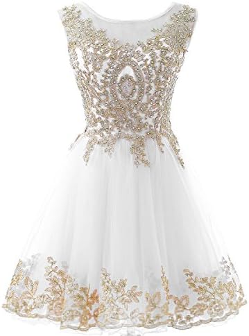 YFOP Women's Beaded Gold Lace Homecoming Dresses Sequins Appliques Prom Gowns Short 2017 Y023 0 White