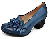 Cunzhai Handmade Women's Spring/Summer Mid Chunky Heel Round Toe Genuine Leather Dress Pumps Shoes