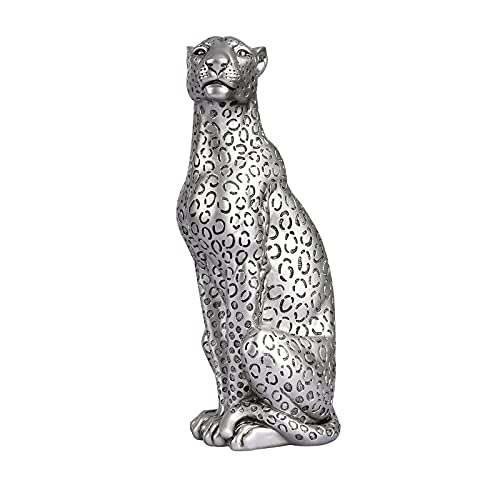 POLYDUKE Silver Cheetah 11 H Statue, Cheetah Figurine Sitting Home Decor Realistic Antique Classical Leopard Resin Animal Ornament Statues Living Room Decor Ornament Figurine