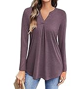 Newshows Women Long Sleeve Plain Shirt V Neck Pleated Tunic Tops Casual Loose Tunic Blouses
