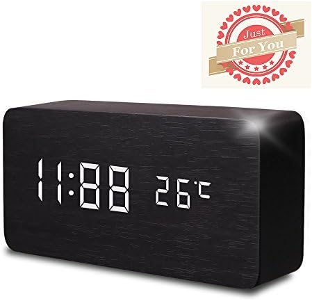 Wooden Digital Alarm Clock, Leeron Cube Wood-shaped Time Temperature and Sound Control Desk Alarm Clock for Kid, Home, Office, Daily Life, Heavy Sleepers (Black)