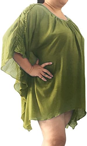 Plus Size Butterfly Top US1XL to 5XL Gathers Ruffled Shoulder Round Neckline Blouse Tunic Flowing Asymmetrical Hem Batwing US Size 14-32 (5XL, olive green)