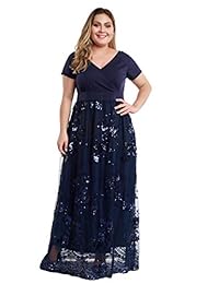 YISIBIA vestido de mujer de tamaño grande, manga corta, lentejuelas, cuello en V, cintura imperiada, patchwork, maxi vestidos largos