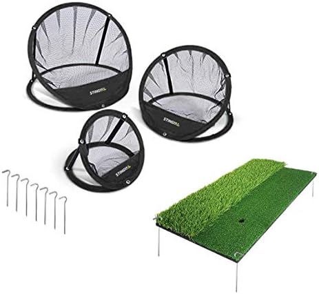 Stinger Sports Golf Chipping Net Bundle | Windproof Stake Down Mat for Chip Shots | Golf Gift for Men, Sturdy Indoor Outdoor Golf Mat Target Practice Accessories