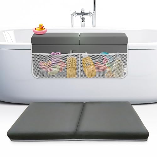 FluffyTub Baby Bath Kneeler and Elbow Rest Pad Set, 2-Inch Thick, Memory Foam, Water-Resistant Mat – Bath Time Essentials Cushion and Bath Kneeling Pad for Bathing Baby with Bathtub Toy Organizer.