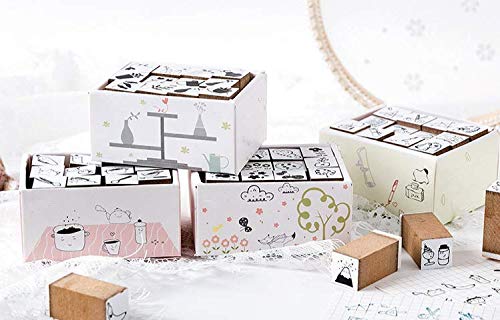 48 Piece Wooden Rubber Stamps, Magnoloran Mini Cute DIY Diary Stamps Set with Storage Box Multipurpose DIY Diary Cards Stamps Craft for DIY Craft Card Making Happy Planner Scrapbooking Supplies