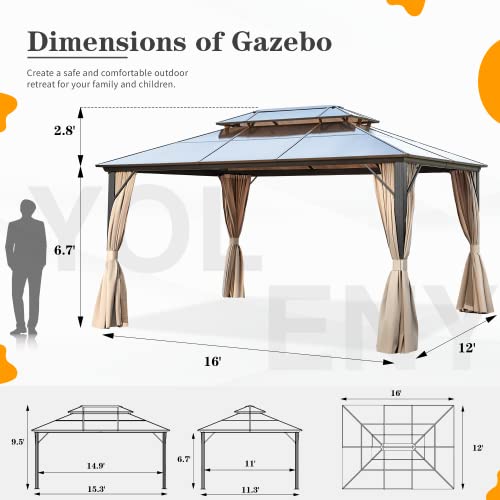 YOLENY 12'x16' Hardtop Gazebo, Outdoor Polycarbonate Double Roof Canopy