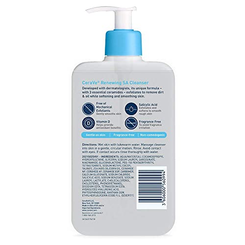 CERAVE RENEWING SALICYLIC ACID CLEANSER, FORMULATED WITH HYALURONIC ACID, NIACINAMIDE, & CERAMIDES, GENTLE BHA EXFOLIATING FACE WASH SMOOTHS & SOFTENS SKIN, NON COMEDOGENIC & FRAGRANCE FREE, 16 OUNCE