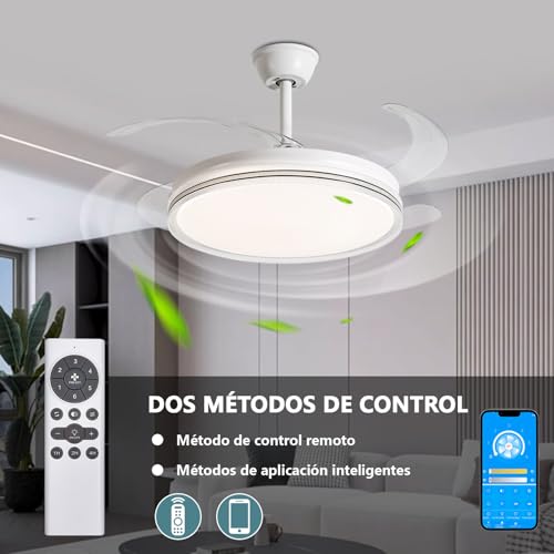 Megaluz F2016-42 Ventilador de Techo Retráctiles de 42 Pulgadas Abanico de Techo con Luz LED, 3000K-6500K Luz Amarilla Cálida a Luz Blanca Fría, Control Remoto y App, 6 Velocidades