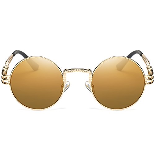 Dollger John Lennon Sunglasses Steampunk Metal Round Frame Mirror Lens -Brown Lens/Gold Frame