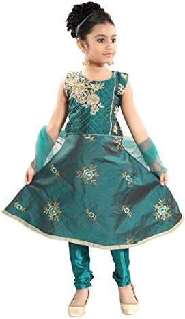 Krishna Sarees Girls Indian Bollywood Ethnic Designer Party Dress Age 3-9 Years Girl's Churidar Suit/Girls Salwar Kameez GCS19048 Teal Green and Gold Girl's Churidar Suit