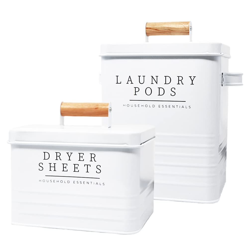 Farmhouse Metal Laundry Pods Container with Dryer Sheet Holder for Laundry Room Organization and Storage, Farmhouse Decor, Eco Frendly,Holds 200 Laundry Pods and 300 Dryer Sheets