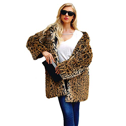 SO-WU Womens Overcoat, Ladies Hooded Warm Outerwear Faux Fur Leopard Print Winter Sweater Parka Coats (S=US 4, Black) - Thumbnail 7