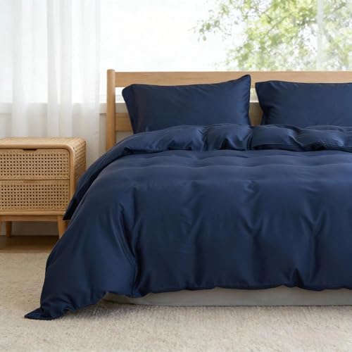 Simple&Opulence Duvet Cover Double Size 100% Viscose Derived from Bamboo, 3 PCS Pure Breathable Cooling Silky Soft Bedding for Hot Sleepers Moisture-Wicking Comforter Cover Set, Navy
