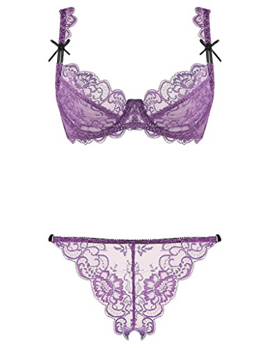 Burvogue Women's Embroidery Bras Set Lace Bra and Panties Lingerie (36D, Purple)