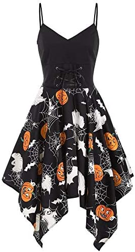 Womens Halloween Dress Tank Tops V Neck Lace Up Spider Web Print Irregular Hem Evening Party Dress