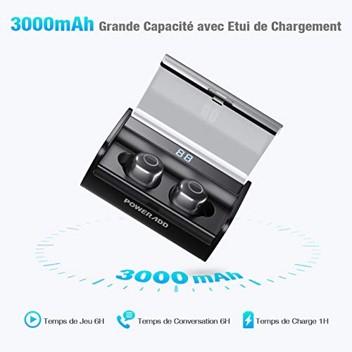 POWERADD Ecouteur Bluetooth 5.0 TWS - 3000mAh Son Stéréo 3D Etanche IPX7 Contrôle Tactile avec Etui de Charge et Indicateur LED Casque Rechargable sans Fil pour Sport