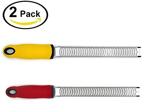 Grater, Stainless Steel Zester- Premium Cheese Kitchen Tool, Lemon Zester, Citrus Slicer, Potato Slicer with Plastic Cover, Long Ergonomic Handle with Rubber Base, Red and Yellow