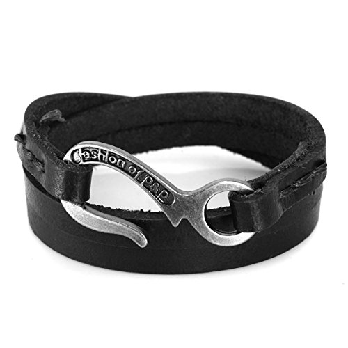 Handmade Unisex Genuine Real Leather Cord Secure Metal Hook 3 Wrap Cuff Bangle Bracelet, Adjustable Size