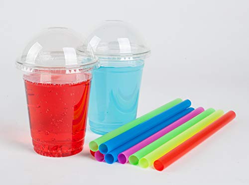 GOLDEN APPLE, 12oz. Clear Plastic Cups with Dome lids W Hole & 8 1/2"inch Colossal Neon Straws 30sets