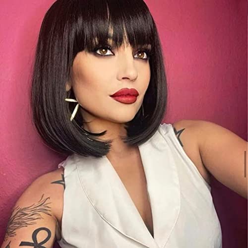 YEESHEDO Women's Dark Brown Short Bob Wigs Straight with Flat Bangs Colorful Hair Cosplay Party Halloween Costume Replacement Wig for Girls Heat Resistant Synthetic Natural As Real Hair 12" (4#)