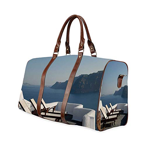 Travel Decor Waterproof Travel Bag,Sunlounger at Terrace in Santorini Greece Resort Relaxation Aegean for Travel,18.62"L x 8.5"W x 9.65"H