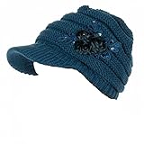 Women's Cable Knit Newsboy Visor Cap Hat with Sequined Flower Accent (Teal)