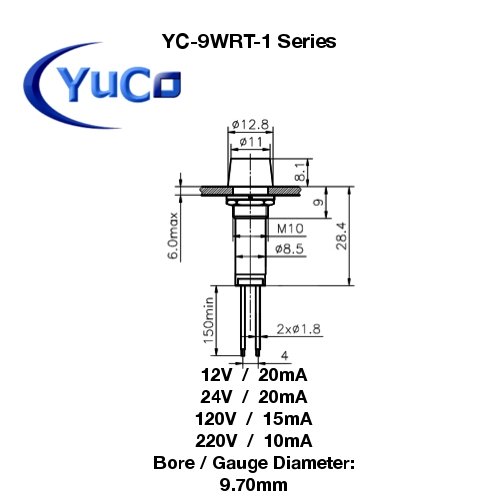 Yuco YC-9WRT-1G-24-10 Mini Indicator Light 9mm Cylindrical Cap Wire-Base Ring + Nut AC/DC Pack of 10 (Green, 24V)