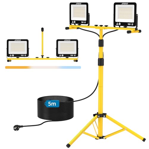 AUTOUTLET Construction Site Spotlight with Extendable Tripod, 2x 100W 19000LM Rechargeable LED Headlight with 3 Colour Temperatures and 5 M Power Cable, IP66 Waterproof, for Garage Workshop and Outdoor