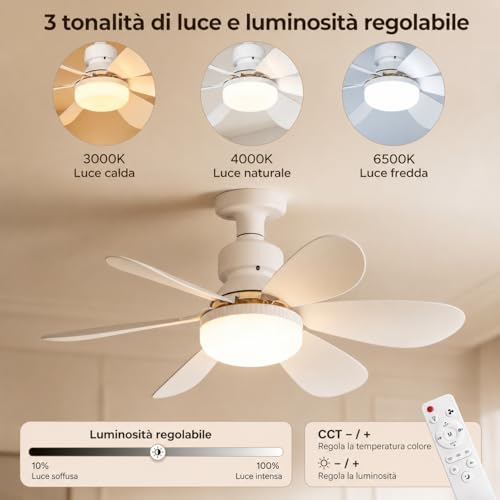 MARSI Ceiling Fan with LED Light 52cm, Chandelier Fan E27, 6 Removable ABS Blades, DC Motor, 3 Speed, Adjustable Light, IR Remote Control, for Bedroom and Living Room
