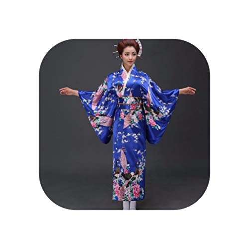 Black Peafowl Japanese Kimono Women's Polyester Satin Kimono Dress Kimono,Blue,One Size