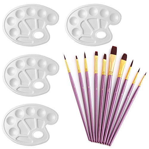 Geboor 4pcs Paint Tray Palette with Ten-Well Thumb Hole and 10pcs Watercolor Paint Brush Pen Set Perfect for Painting Canvas, Ceramic, Clay, Wood, Models