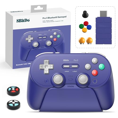 8Bitdo Pro 3 Bluetooth Controller with TMR Joysticks, Swappable ABXY Buttons, Pro Back Buttons, Charging Dock, Hall Effect Triggers for Switch/Switch 2, Windows, Apple, SteamOS, Android (Purple)