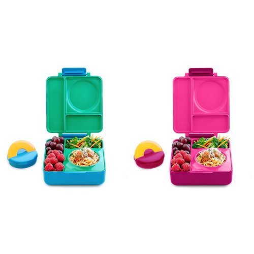 OmieBox Bento Lunch Box With Insulated Thermos For Kids, Meadow and OmieBox Bento Lunch Box With Insulated Thermos For Kids, Pink Berry Bundle