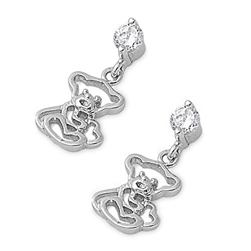 925 Sterling Silver Teddy Bear Dangle Cubic Zirconia 16MM Earrings