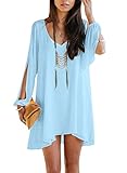 Viwenni Sexy Womens V-Neck Loose Irregular Hem Summer Chiffon Short Beach Dress, Small, Sky Blue