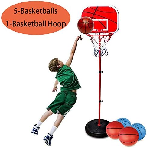 MICROFIRE Toddler Basketball Hoop Kids Magic Shot Hoop Indoor Basketballs Hoop Including Pump Set of 1 pcs of 5 Balls and 1 Pump Red Adjustable Height Up to 60 inch