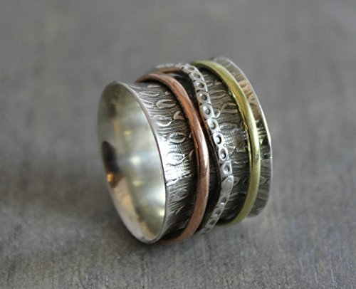 Sterling Silver Mixed Metals Brass Copper Leaf Detailing Bohemian Spinning Fidget Ring, Size 8