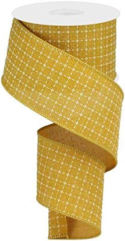 Dark Mustard Yellow White Raised Stitched Squares Wired Ribbon (2.5 Inches x 10 Yards)