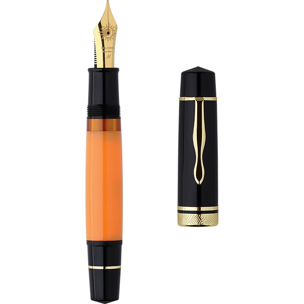 erofa Majohn P139#8 Medium Nib Fountain Pen with Box, Brass Piston System Large Capacity Writing Pen, Black Yellow